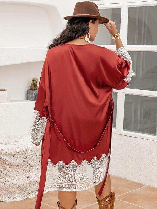 Plus Size Lace Patchwork Tie Front Robe - Trendsi - Flyclothing LLC