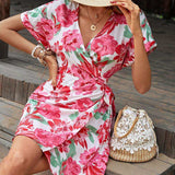 Floral Tied Short Sleeve Mini Dress - Trendsi - Flyclothing LLC