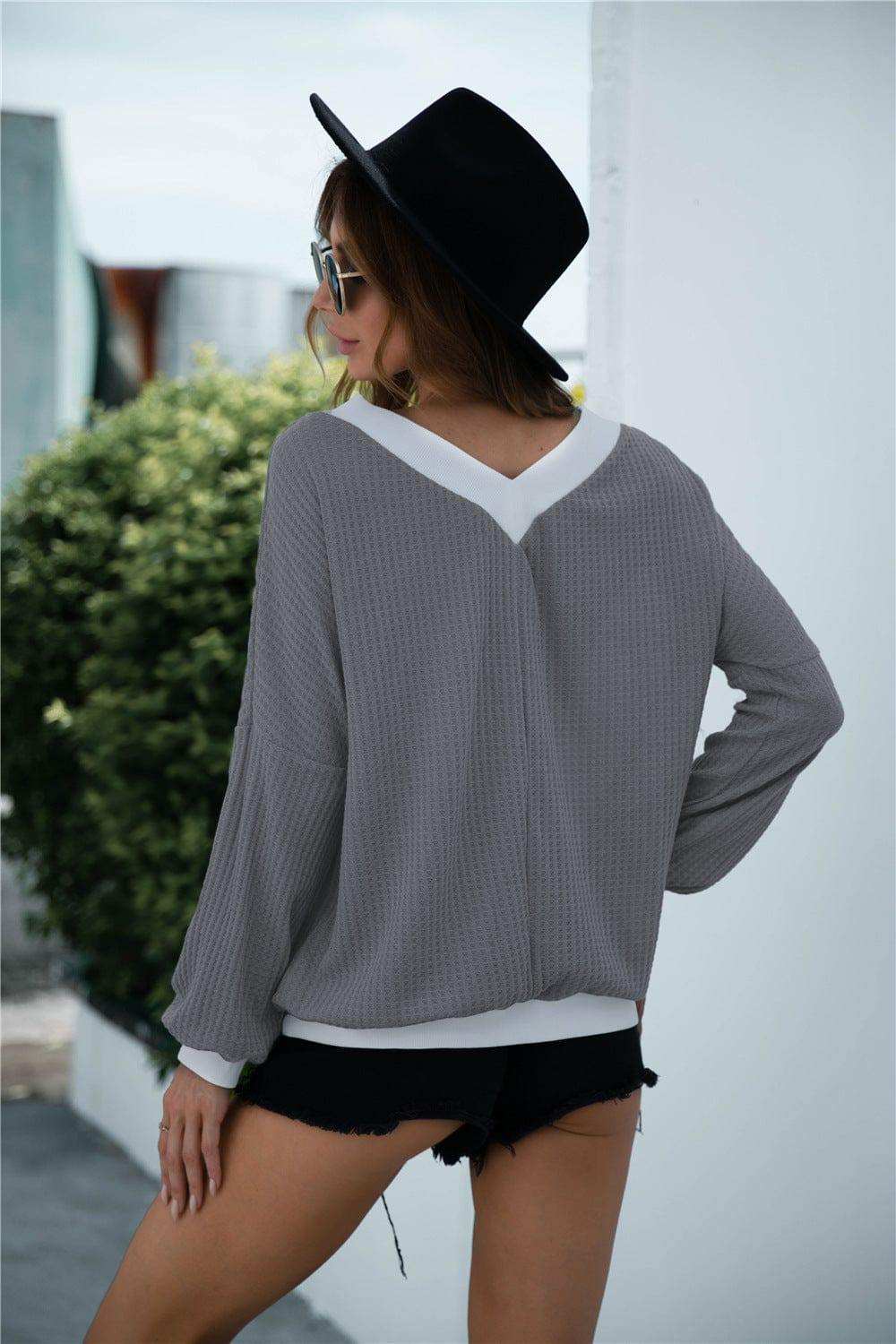 Off-Shoulder Waffle-knit Dropped Shoulder Blouse - Trendsi - Flyclothing LLC
