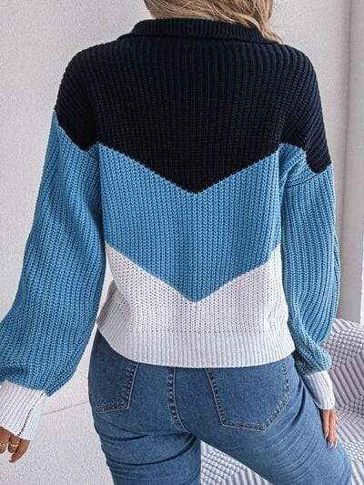Color Block Dropped Shoulder Sweater - Trendsi - Flyclothing LLC