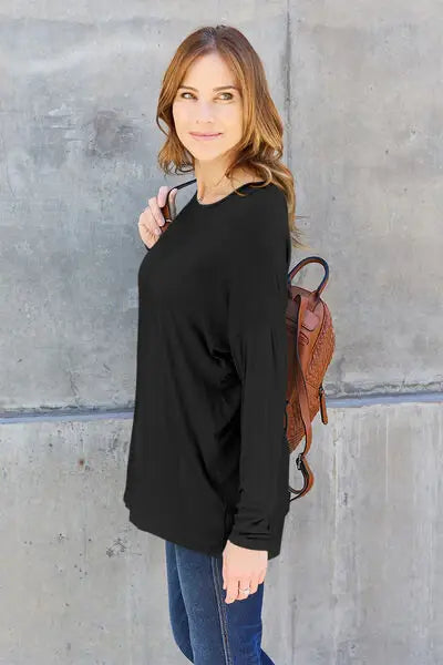 Basic Bae Full Size Round Neck Dropped Shoulder T-Shirt - Trendsi - Flyclothing LLC