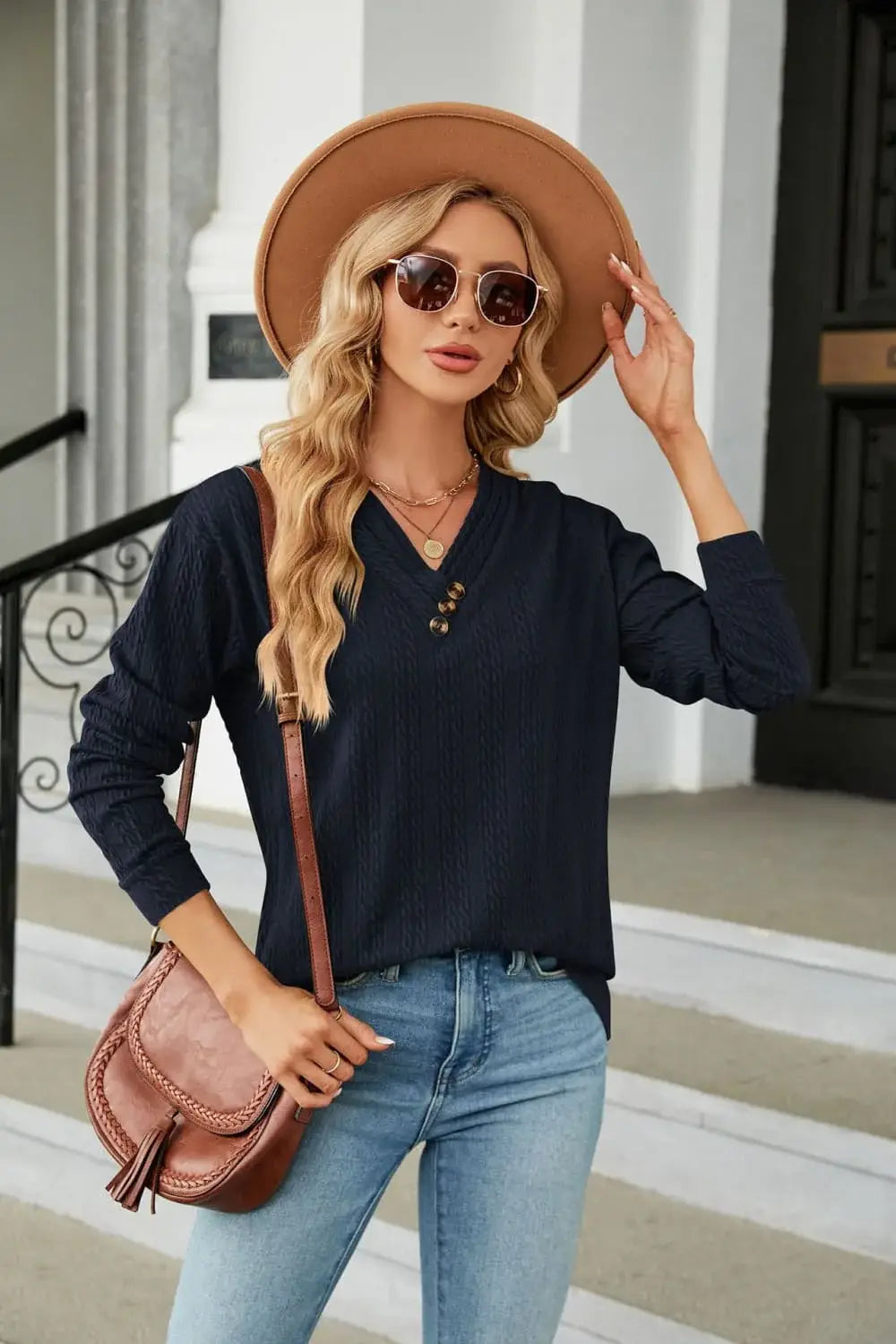 Decorative Button V-Neck Long Sleeve T-Shirt - Trendsi - Flyclothing LLC