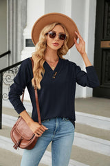 Decorative Button V-Neck Long Sleeve T-Shirt - Trendsi