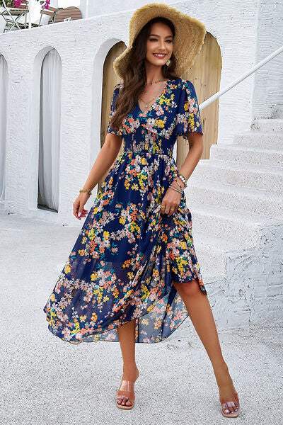 Smocked Floral V-Neck Short Sleeve Dress - Trendsi - Flyclothing LLC