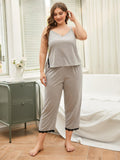 Plus Size Lace Trim Slit Cami and Pants Pajama Set - Trendsi