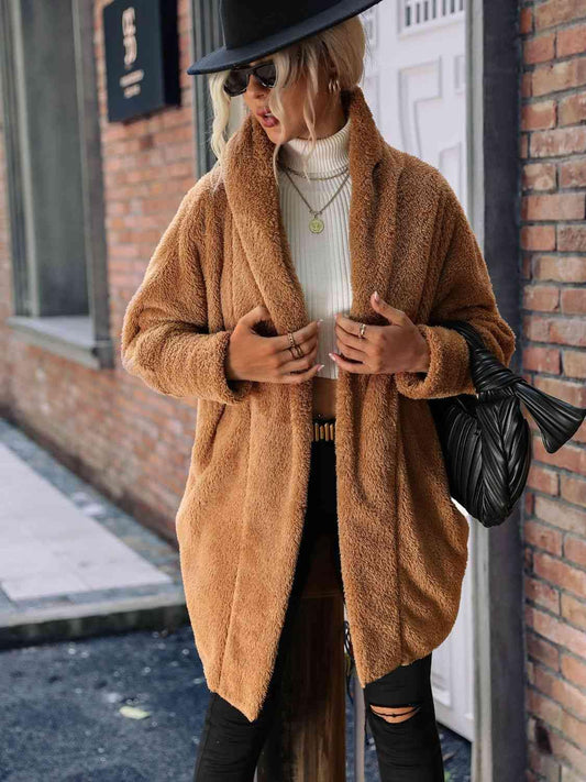 Open Front Hooded Teddy Coat - Trendsi
