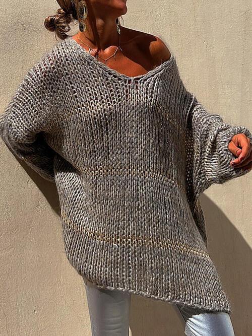 Openwork V-Neck Long Sleeve Sweater - Trendsi