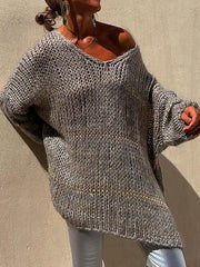 Openwork V-Neck Long Sleeve Sweater - Trendsi