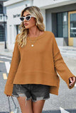High-Low Slit Round Neck Long Sleeve Sweater - Trendsi - Flyclothing LLC