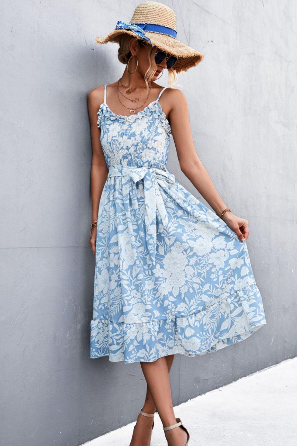 Floral Frill Trim Scoop Neck Spaghetti Strap Dress - Trendsi