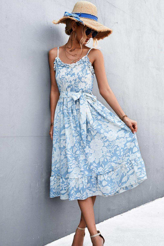 Floral Frill Trim Scoop Neck Spaghetti Strap Dress - Trendsi - Flyclothing LLC