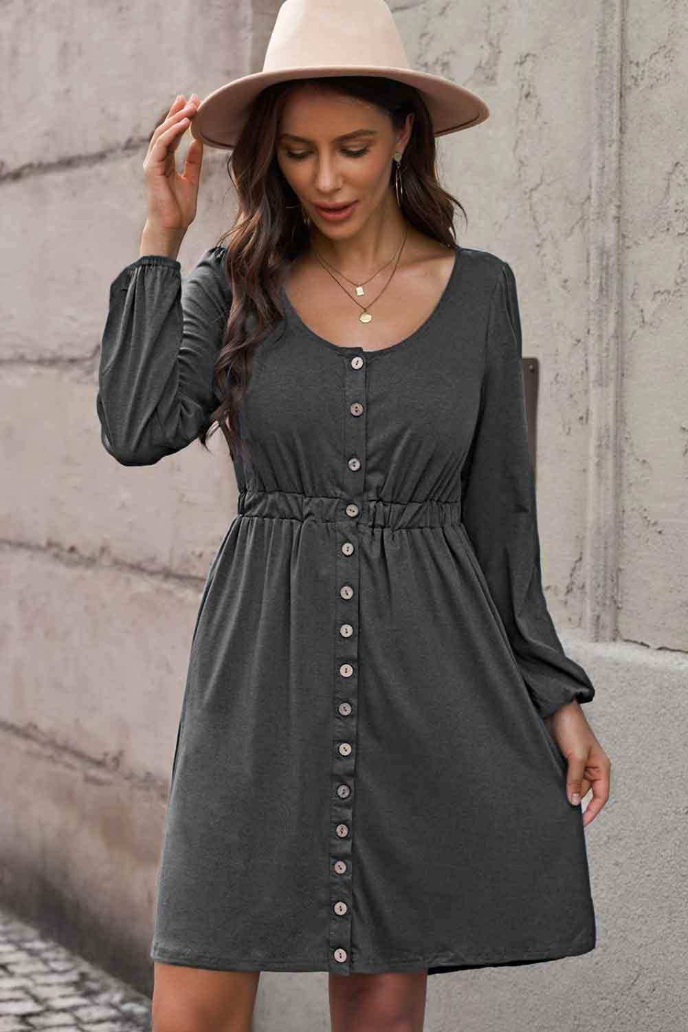 Scoop Neck Empire Waist Long Sleeve Mini Dress - Trendsi - Flyclothing LLC