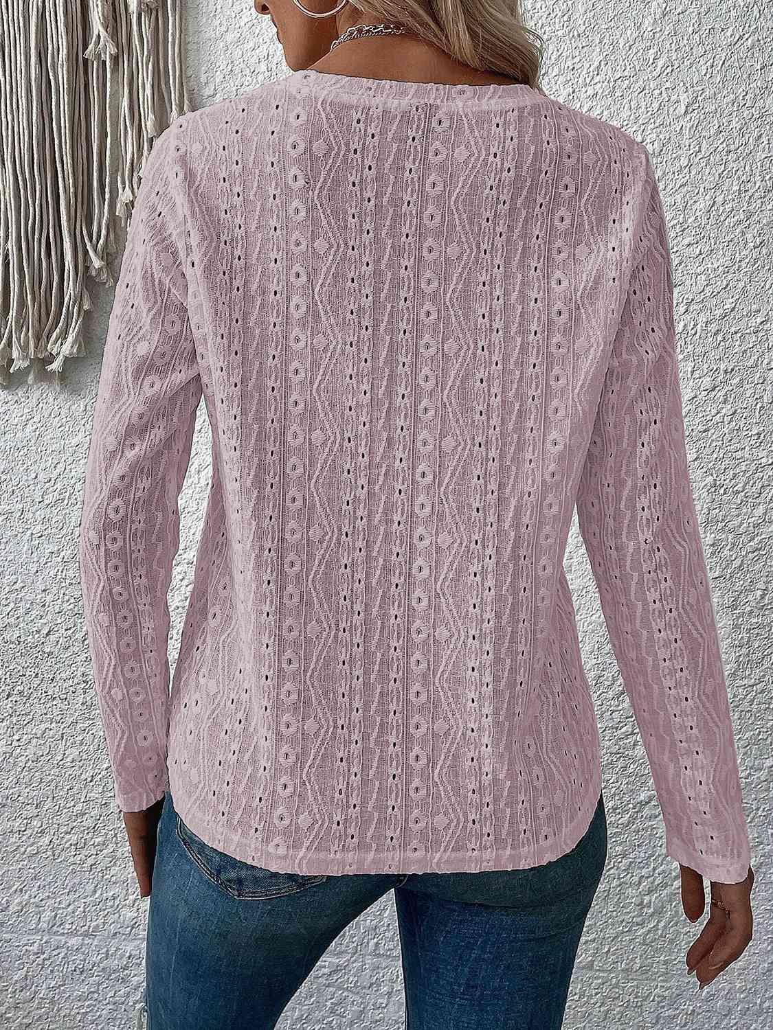 Eyelet Round Neck Long Sleeve Top - Trendsi