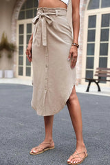 Tie Belt Frill Trim Buttoned Skirt - Trendsi - Flyclothing LLC