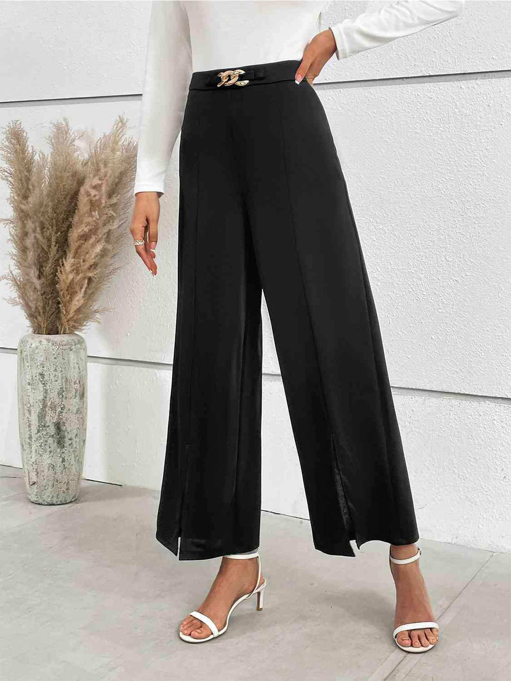 Chain Detail Slit Straight Pants - Trendsi - Flyclothing LLC