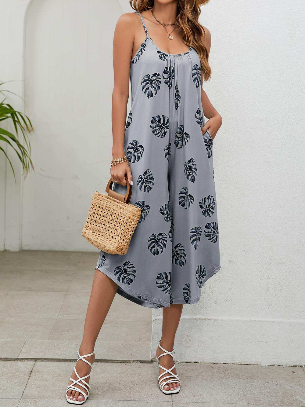 Botanical Print Spaghetti Strap Scoop Neck Jumpsuit - Trendsi - Flyclothing LLC