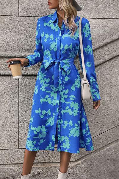 Printed Button Up Tie Waist Dress - Trendsi - Flyclothing LLC