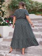 Plus Size Printed V-Neck Flutter Sleeve Midi Dress - Trendsi - Flyclothing LLC