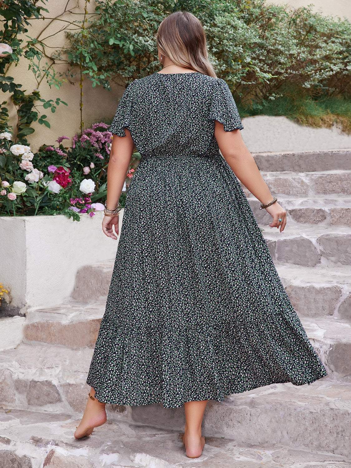 Plus Size Printed V-Neck Flutter Sleeve Midi Dress - Trendsi - Flyclothing LLC