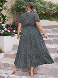 Plus Size Printed V-Neck Flutter Sleeve Midi Dress - Trendsi - Flyclothing LLC