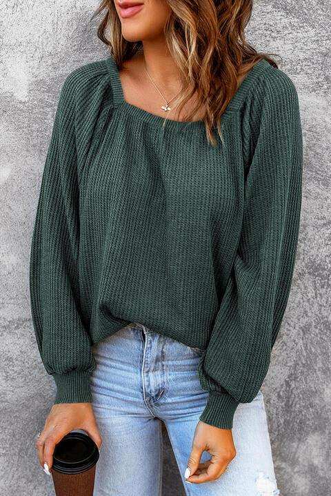 Square Neck Waffle-Knit Top - Trendsi - Flyclothing LLC