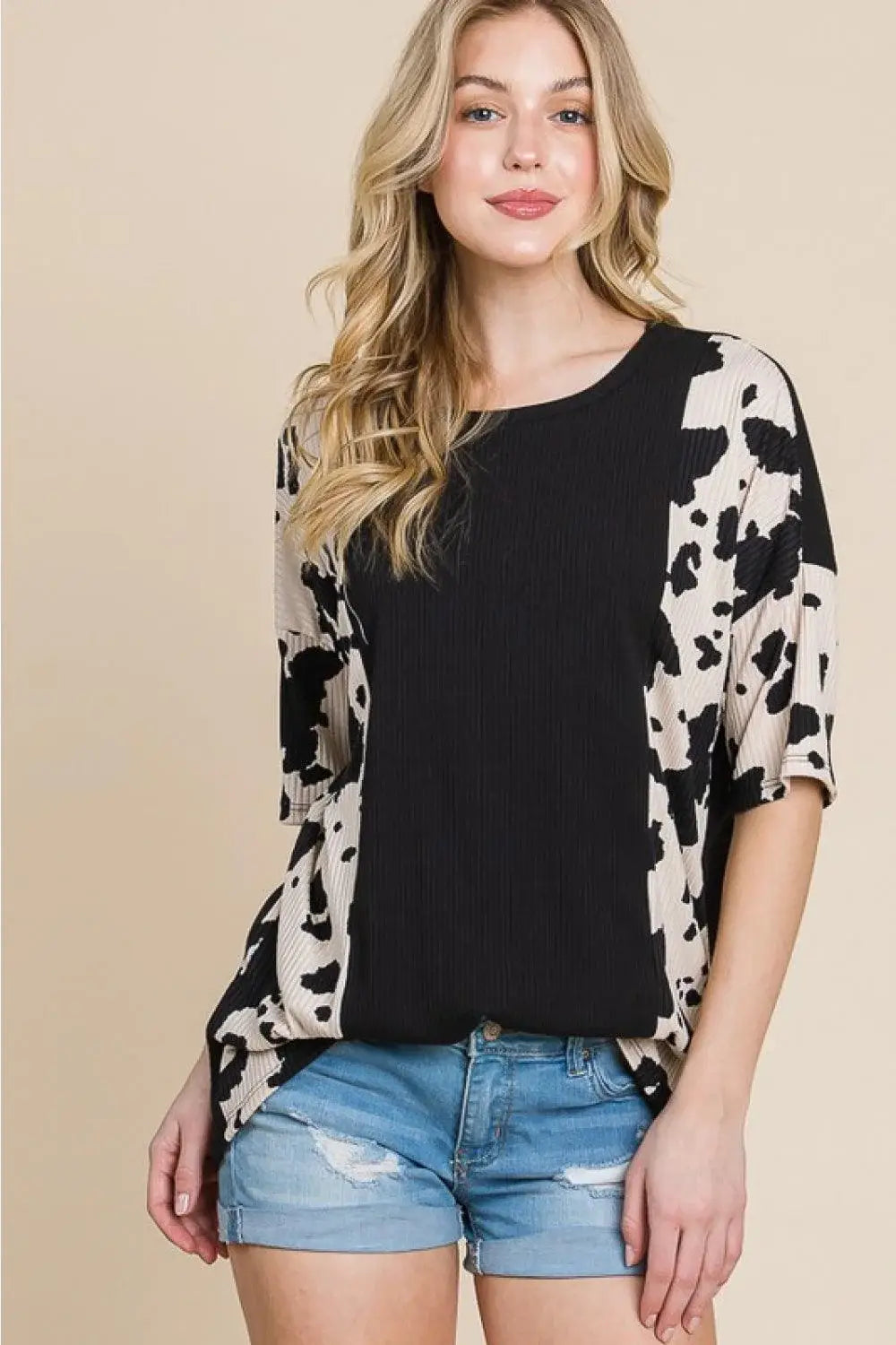BOMBOM Rodeo Love Ribbed Animal Contrast Tee - Trendsi - Flyclothing LLC