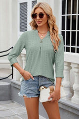 Eyelet Notched Knit Jacquard Top - Trendsi