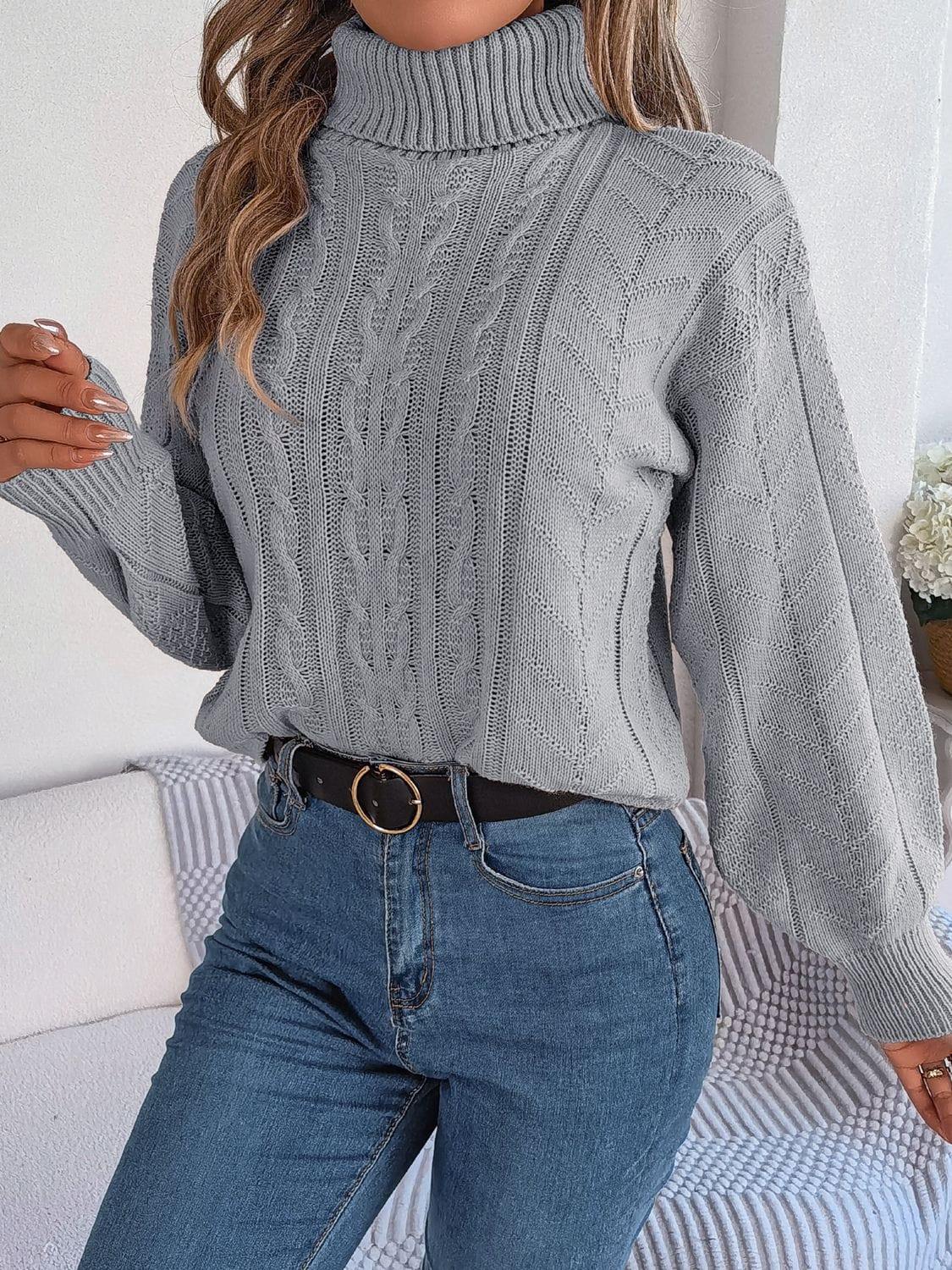 Cable-Knit Turtleneck Sweater - Trendsi