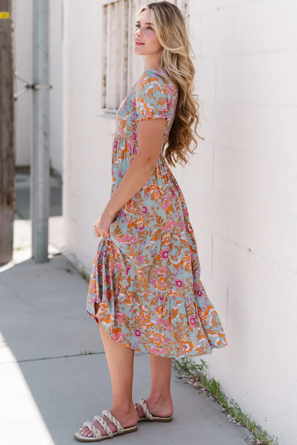 Floral Flounce Sleeve Round Neck Midi Dress - Trendsi - Flyclothing LLC