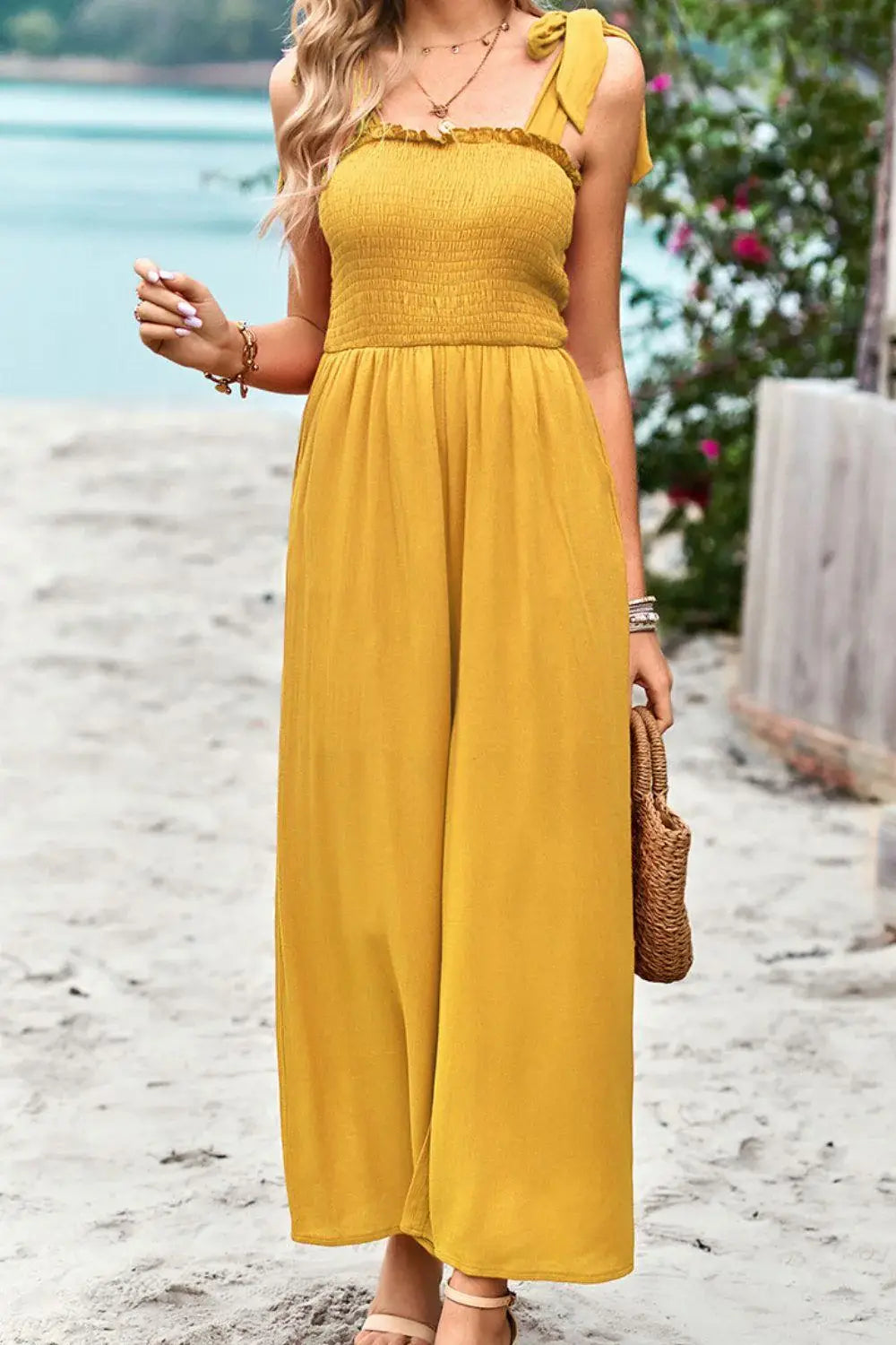 Frill Trim Tie Shoulder Wide Leg Jumpsuit with Pockets - Trendsi - Flyclothing LLC