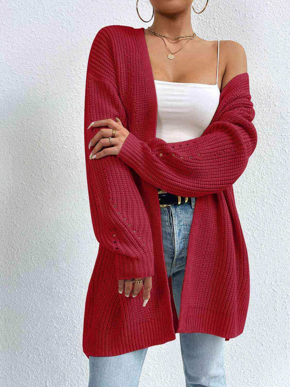 Open Front Dropped Shoulder Slit Cardigan - Trendsi - Flyclothing LLC