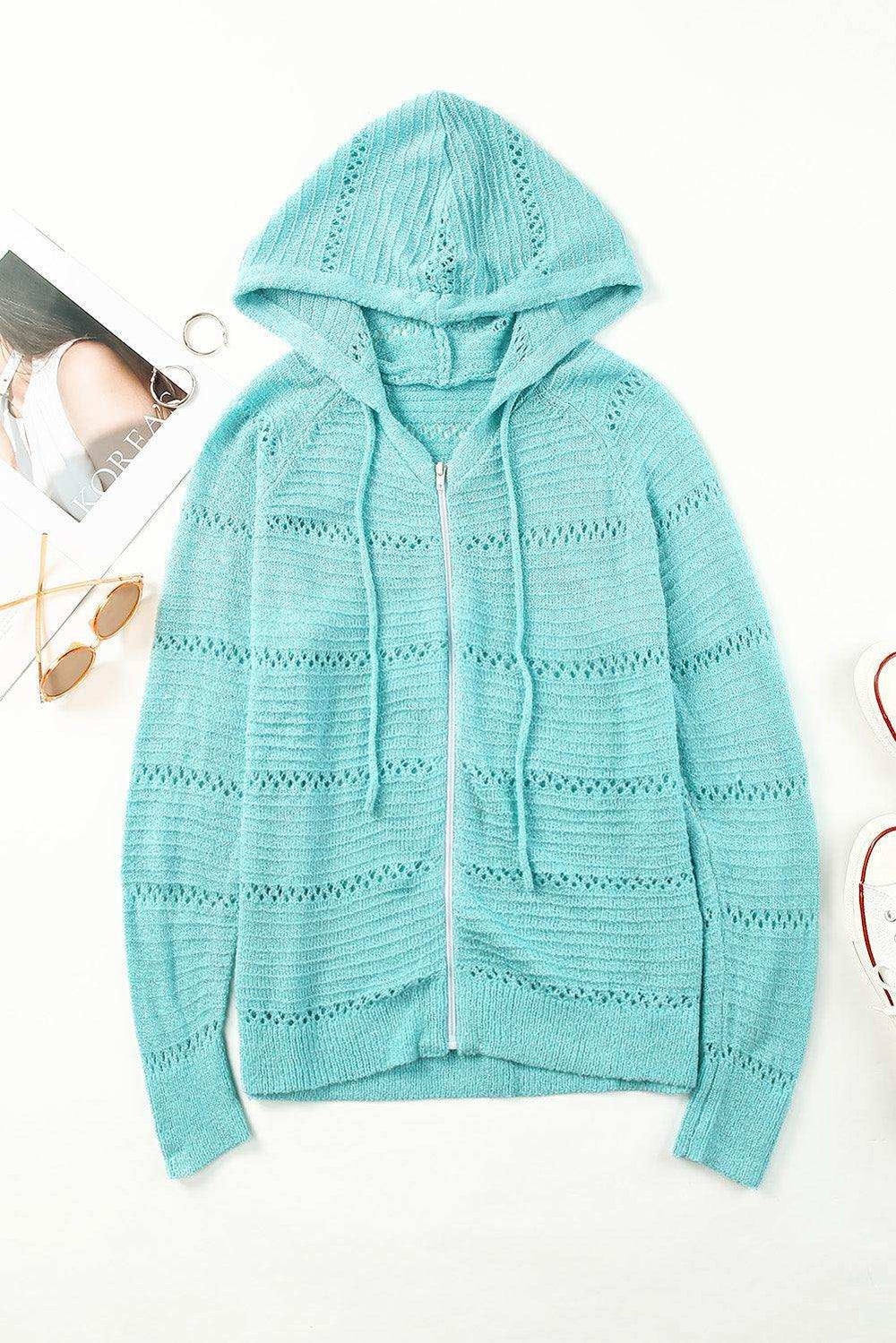 Zip-Up Raglan Sleeve Openwork Hooded Cardigan - Trendsi - Flyclothing LLC