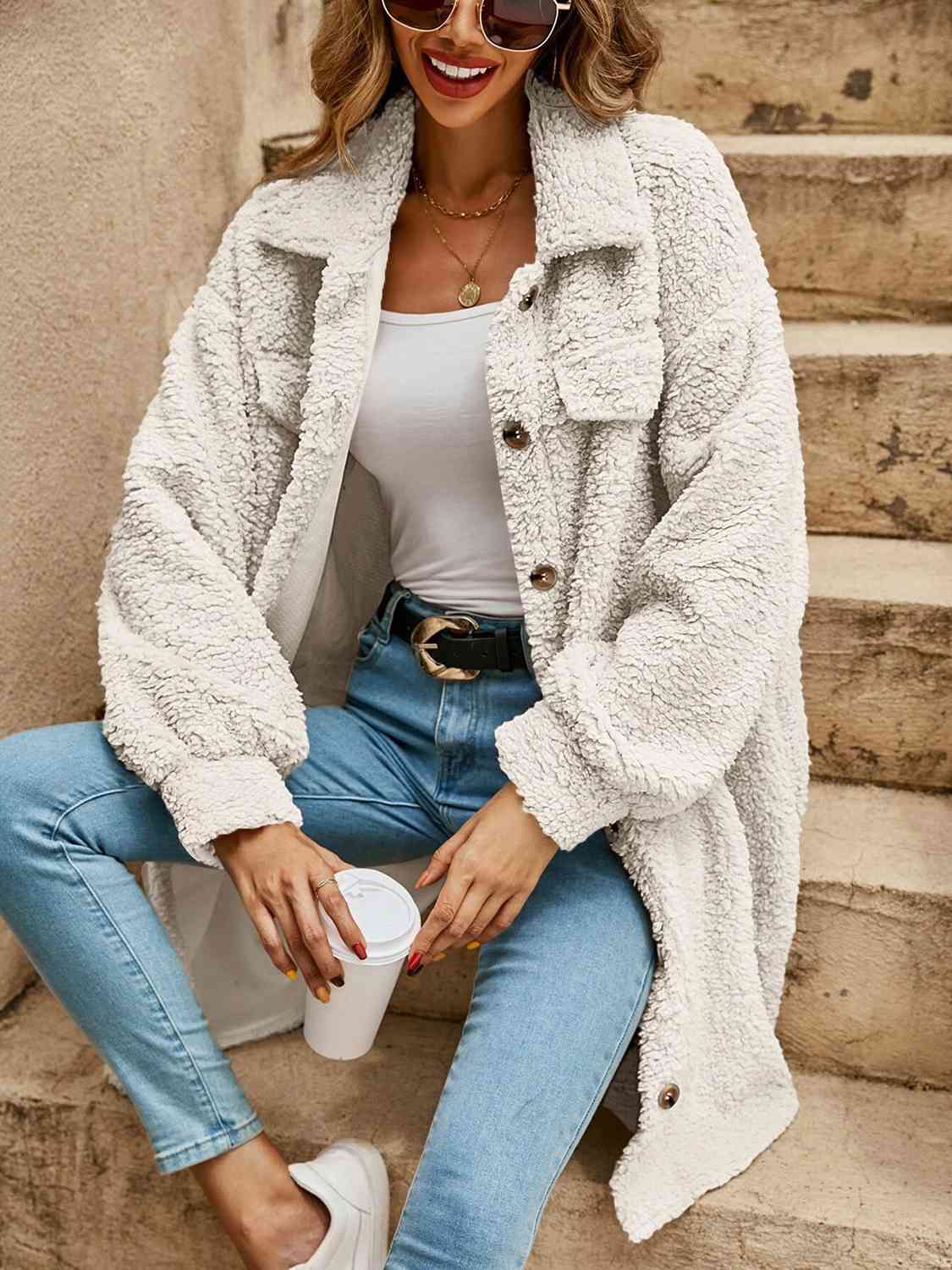 Collared Button Down Coat - Trendsi - Flyclothing LLC