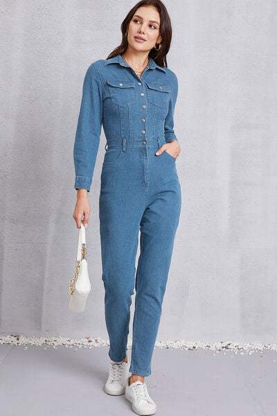 Snap Down Denim Jumpsuit with Pockets - Trendsi - Flyclothing LLC