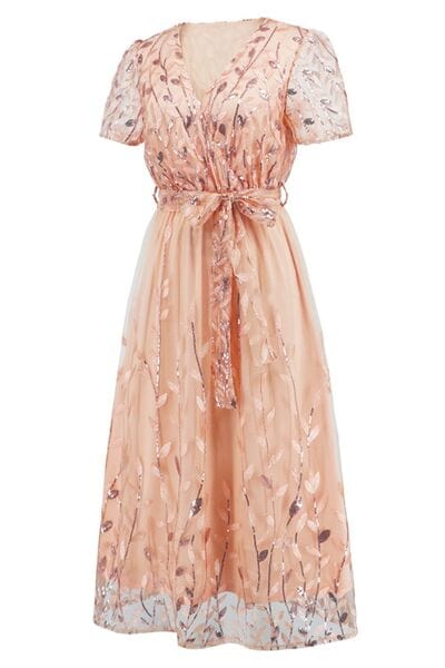 Sequin Leaf Embroidery Tie Front Short Sleeve Dress - Trendsi