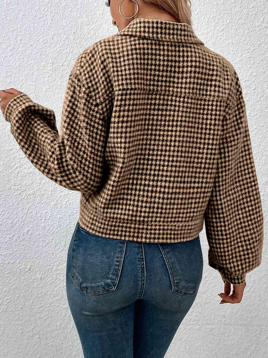 Houndstooth Collared Neck Button Up Jacket - Trendsi