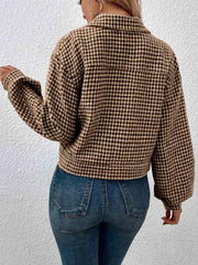 Houndstooth Collared Neck Button Up Jacket - Trendsi