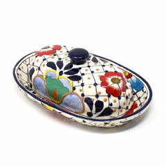 Handmade Pottery Butter Dish, Dots & Flowers - Encantada - Encantada