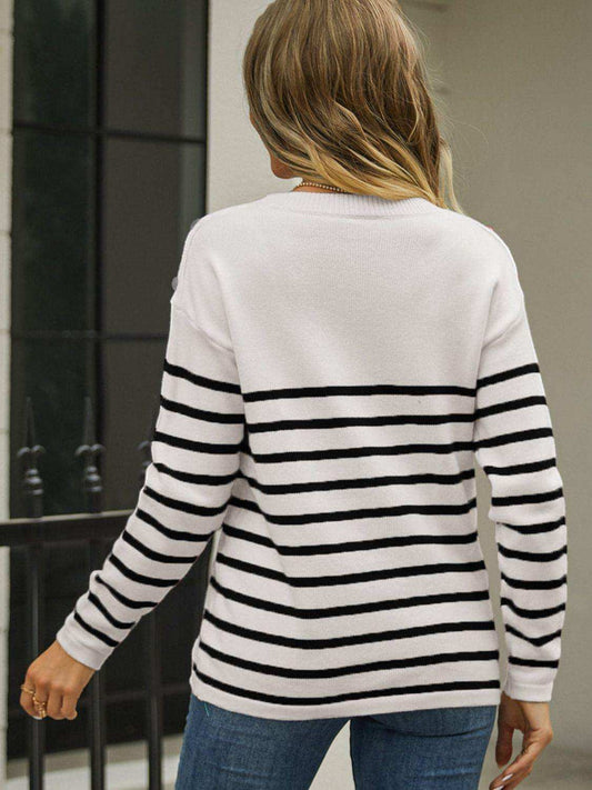 Round Neck Shoulder Button Striped Pullover Sweater - Trendsi - Flyclothing LLC