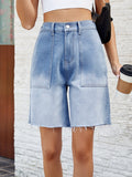Buttoned Raw Hem Denim Shorts with Pockets - Trendsi