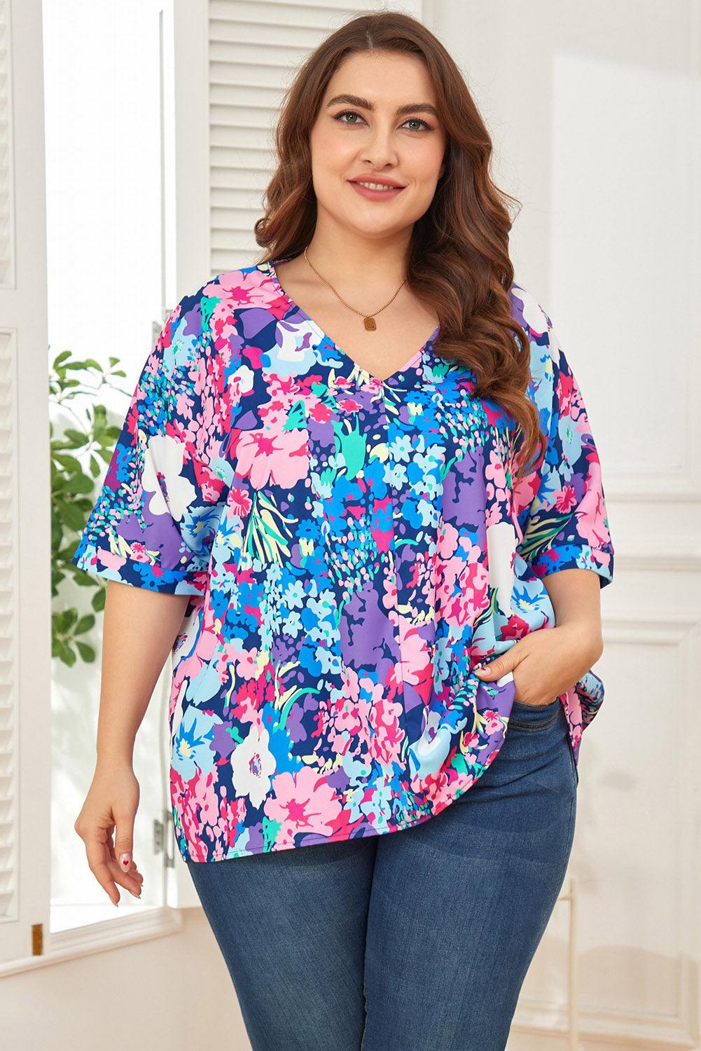 Floral Center Seam V-Neck Blouse - Trendsi
