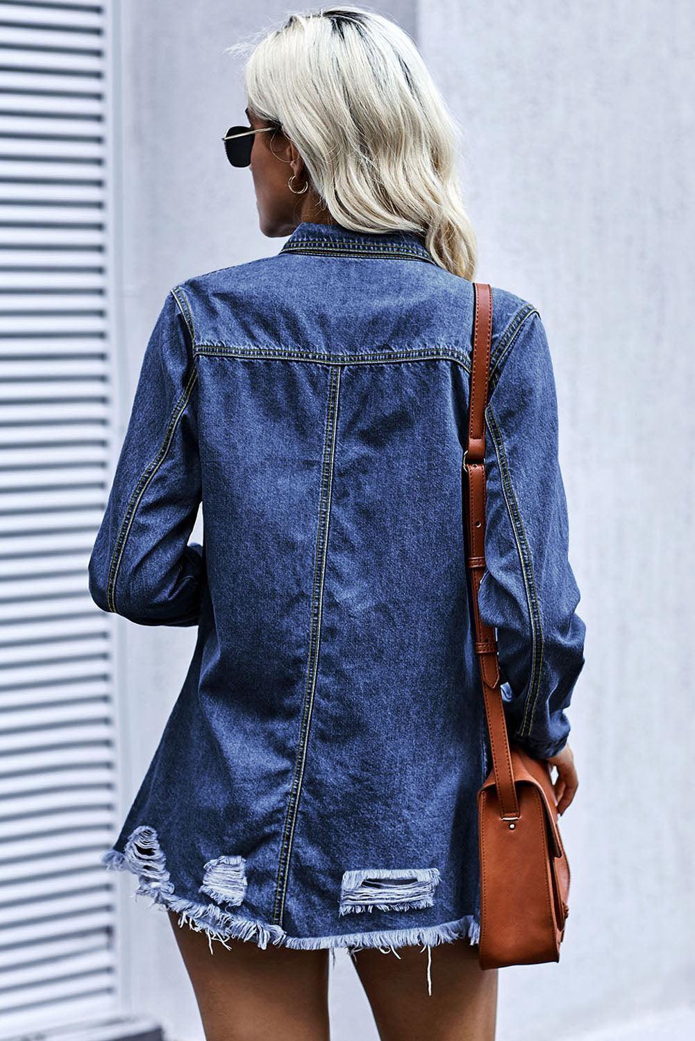 Distressed Snap Down Denim Jacket - Trendsi