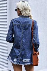 Distressed Snap Down Denim Jacket - Trendsi