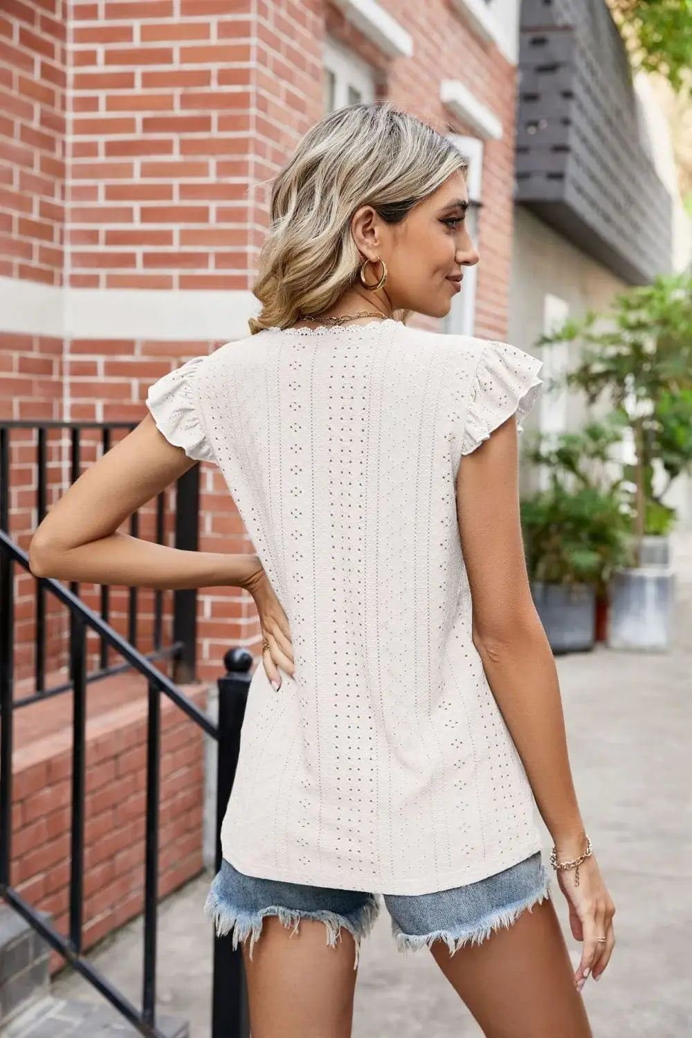 Eyelet Flutter Sleeve Scalloped V-Neck Top - Trendsi - Flyclothing LLC