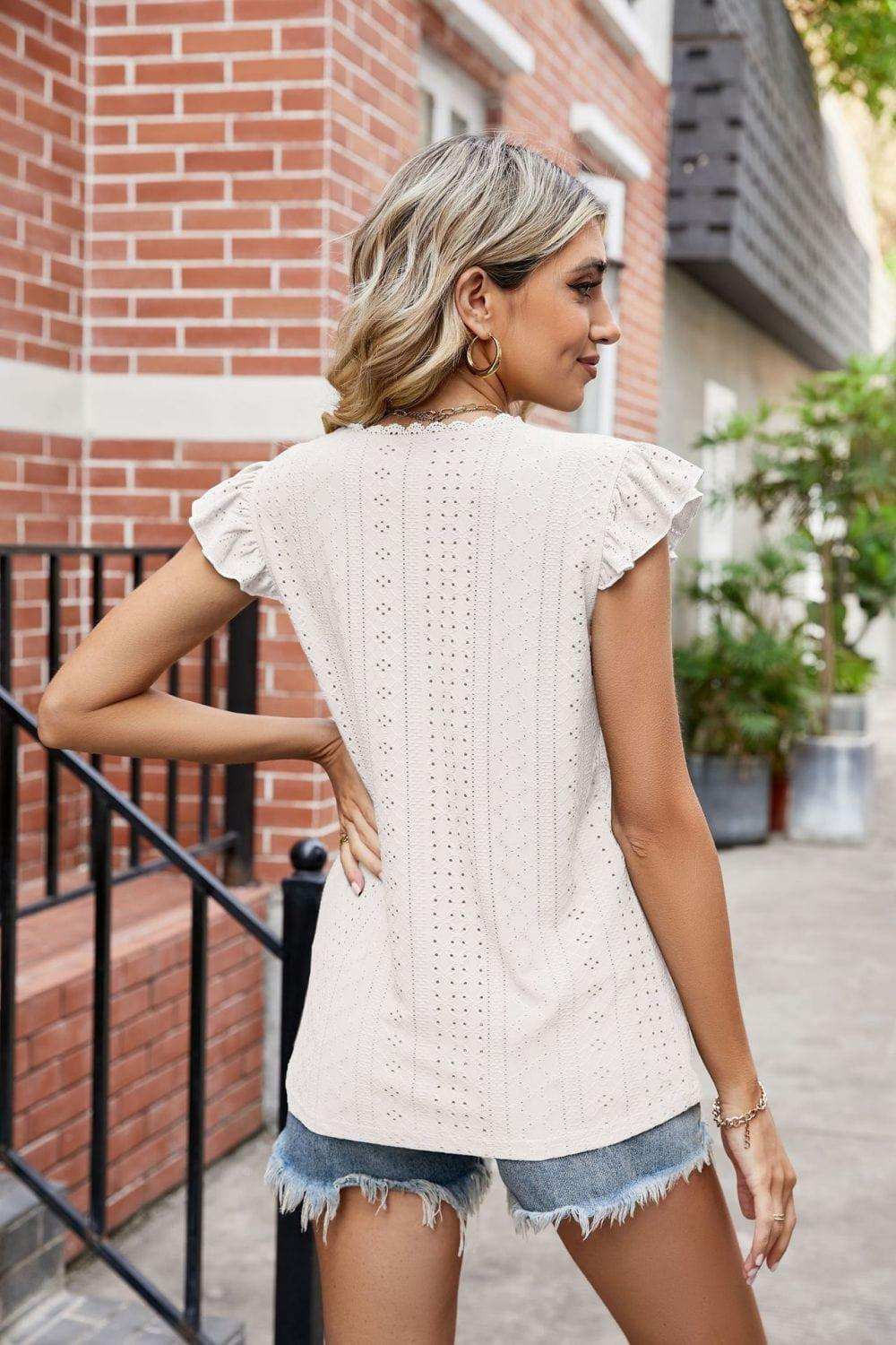 Eyelet Flutter Sleeve Scalloped V-Neck Top - Trendsi - Flyclothing LLC