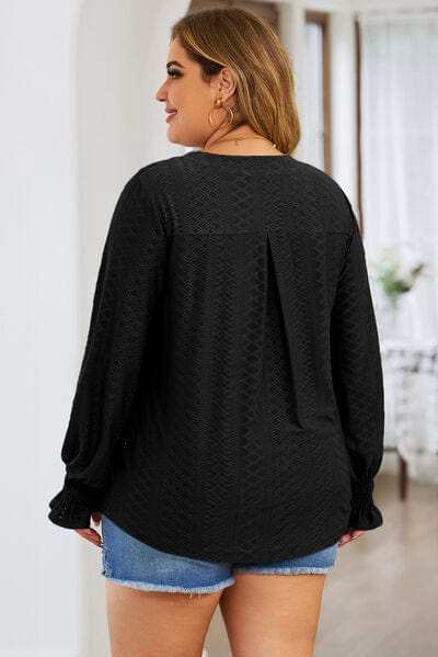Plus Size Eyelet Notched Flounce Sleeve Blouse - Trendsi - Flyclothing LLC