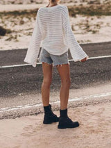 Openwork Round Neck Dropped Shoulder Knit Top - Trendsi - Flyclothing LLC