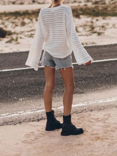 Openwork Round Neck Dropped Shoulder Knit Top - Trendsi