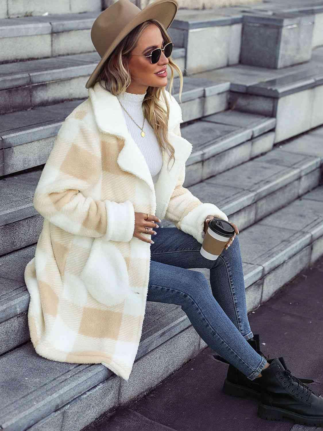 Plaid Button Down Coat with Pockets - Trendsi