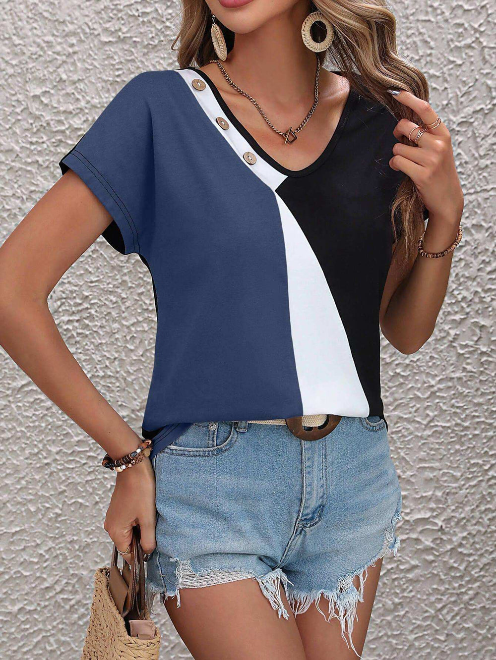 Color Block Decorative Button V-Neck Tee - Trendsi - Flyclothing LLC